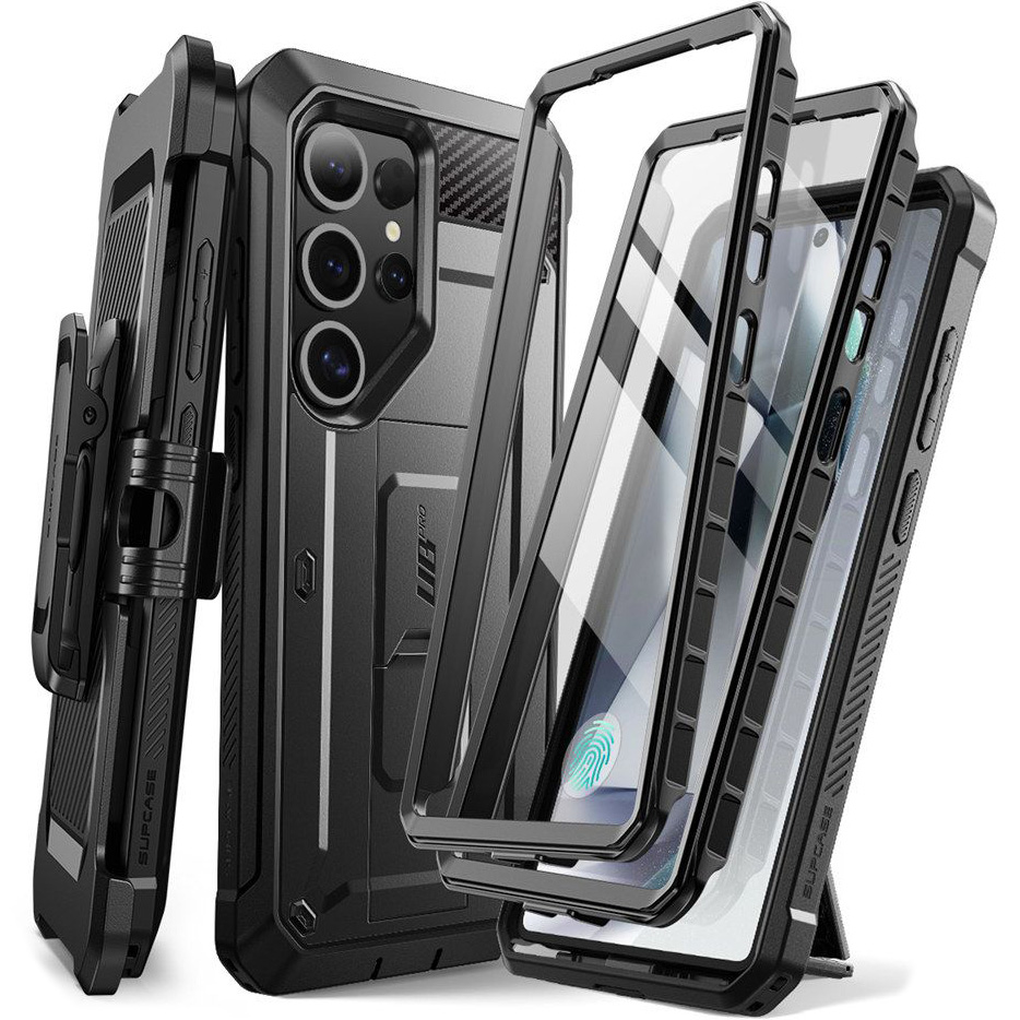 Etui pancerne z osłoną na ekran, z wbudowaną podstawką i kaburą z klipsem obrotowym Supcase Unicorn Beetle Pro do Galaxy S25 Ultra, czarne